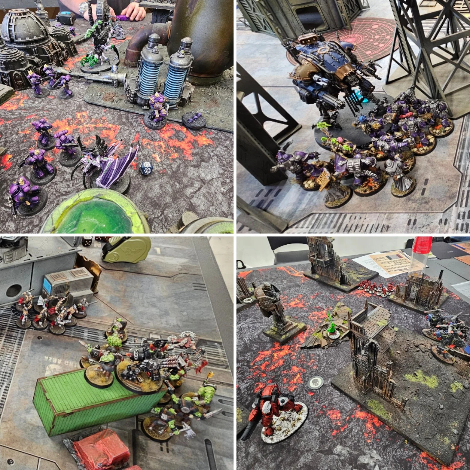 Miniature wargame figures and terrain setups depicting sci-fi and post-apocalyptic battles with soldiers, vehicles, and ruined buildings on game tables.