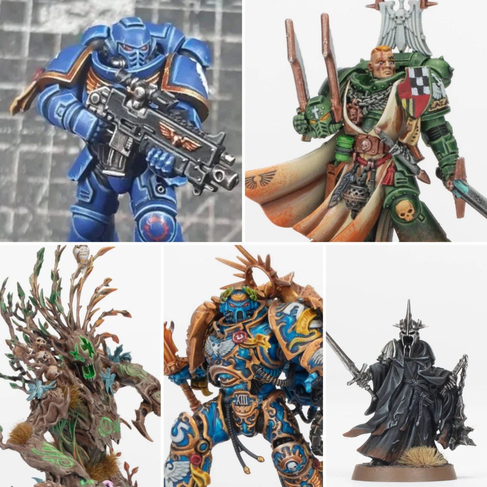 Collection of five miniature figurines depicting characters from fantasy and science fiction genres, including armored warriors, a tree-like creature, and a dark armored figure with a sword.
