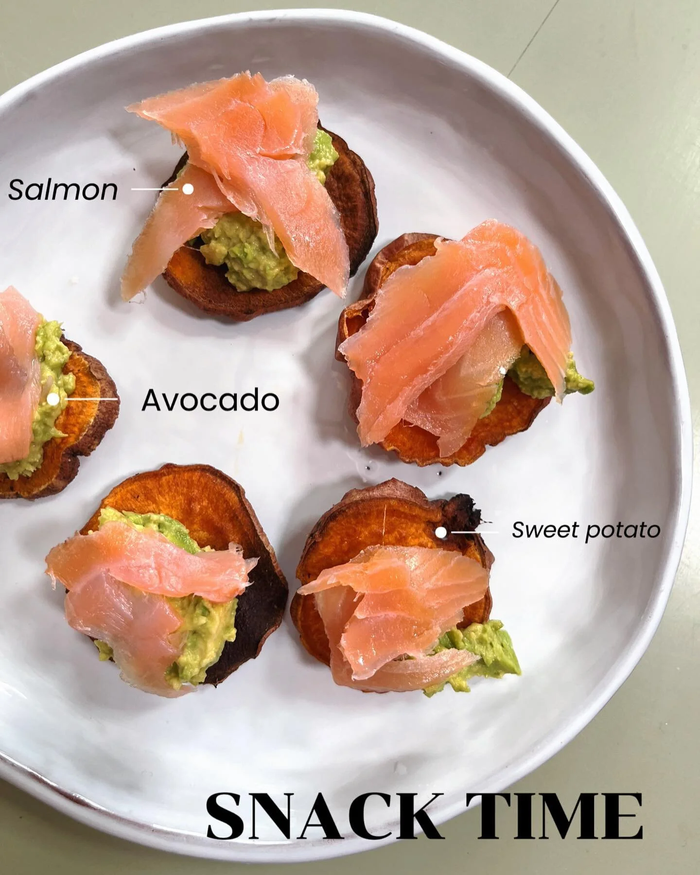 A staple snack lately - baked sweet potato chips, avocado, and smoked salmon 🤤

It&rsquo;s the perfect balance of sweet and savory and packed with healthy fats 💪🏻 

Slice your sweet potato thin and mix with oil and salt and pepper, bake at 425&deg