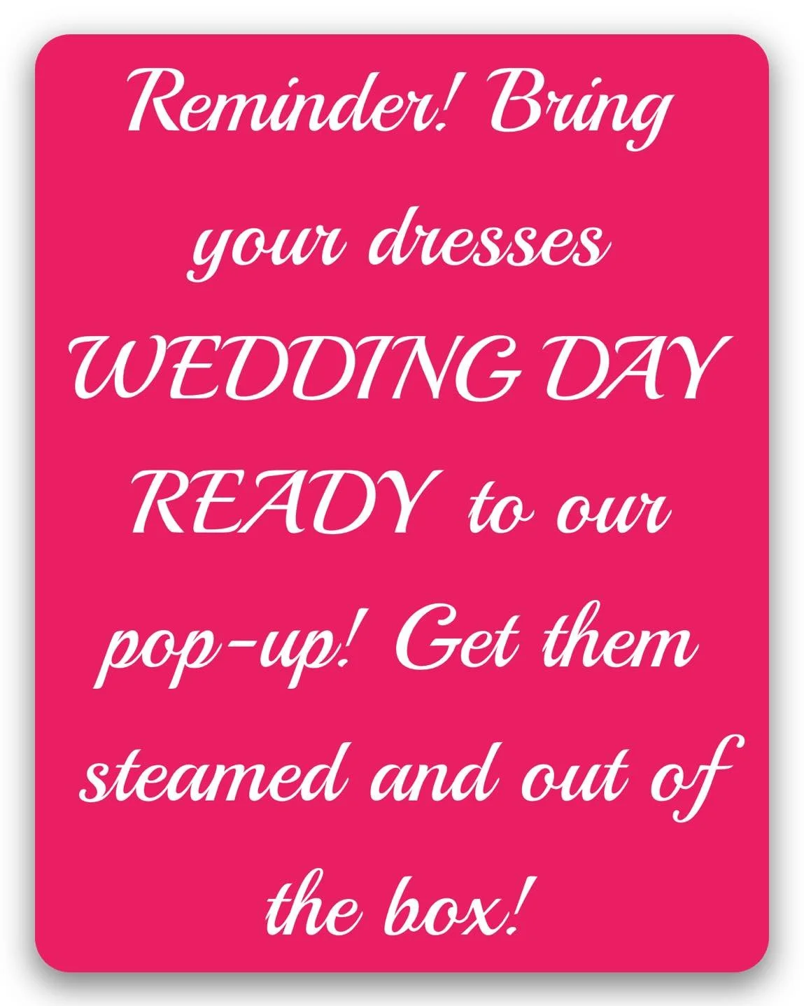 Bridal Pop-Up is in Action! 
Reminder:
We want the dresses WEDDING DAY READY!
Get them out of those boxes and steamed/cleaned if needed before coming in!
Open for bridal drop-off and full-store shopping 12-3p today! #kismetmoment #kismetconsignment #