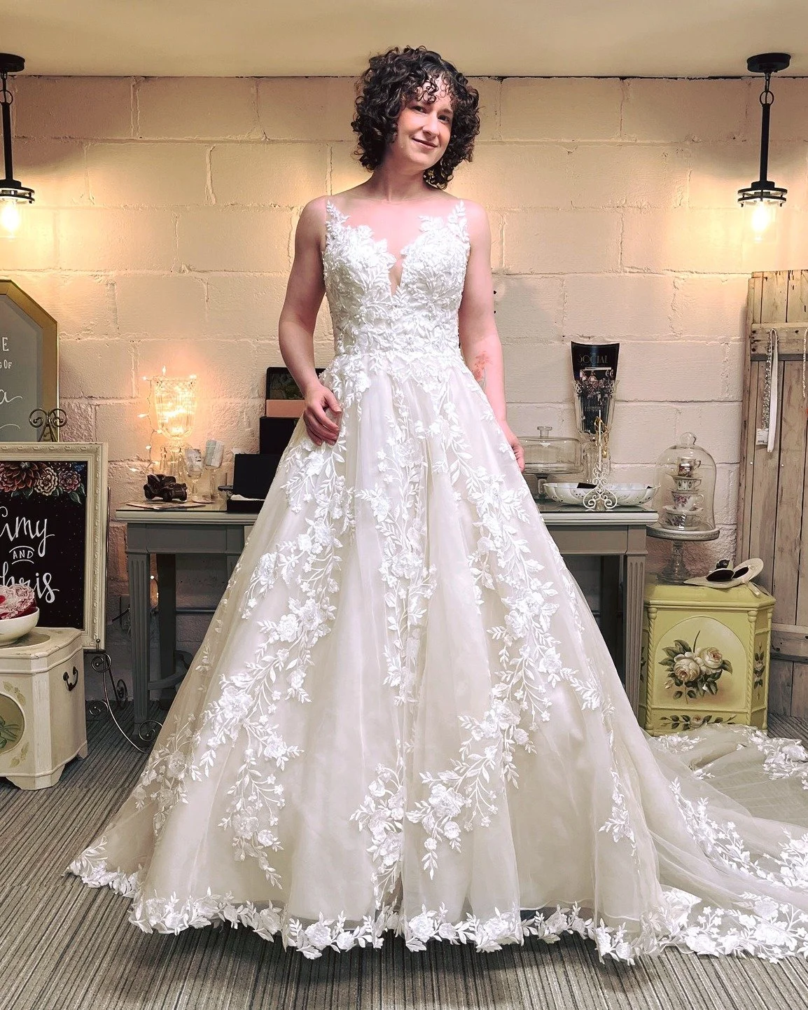 Happy Wedding Wednesday! Here's our bridal model Abigail Marcus modeling the newest ball gown that has came into BOB. Love the gorgeous free edge lace on the train! #brideonabudget #weddingwednesday #kismetmoment #kismetconsignment #kismet