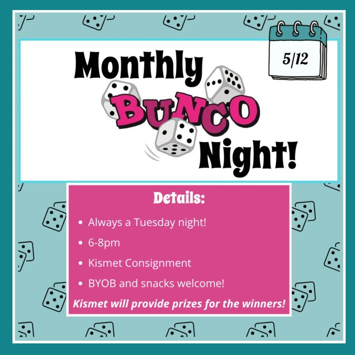 Bunco next Tuesday 5/12! Who&rsquo;s coming???