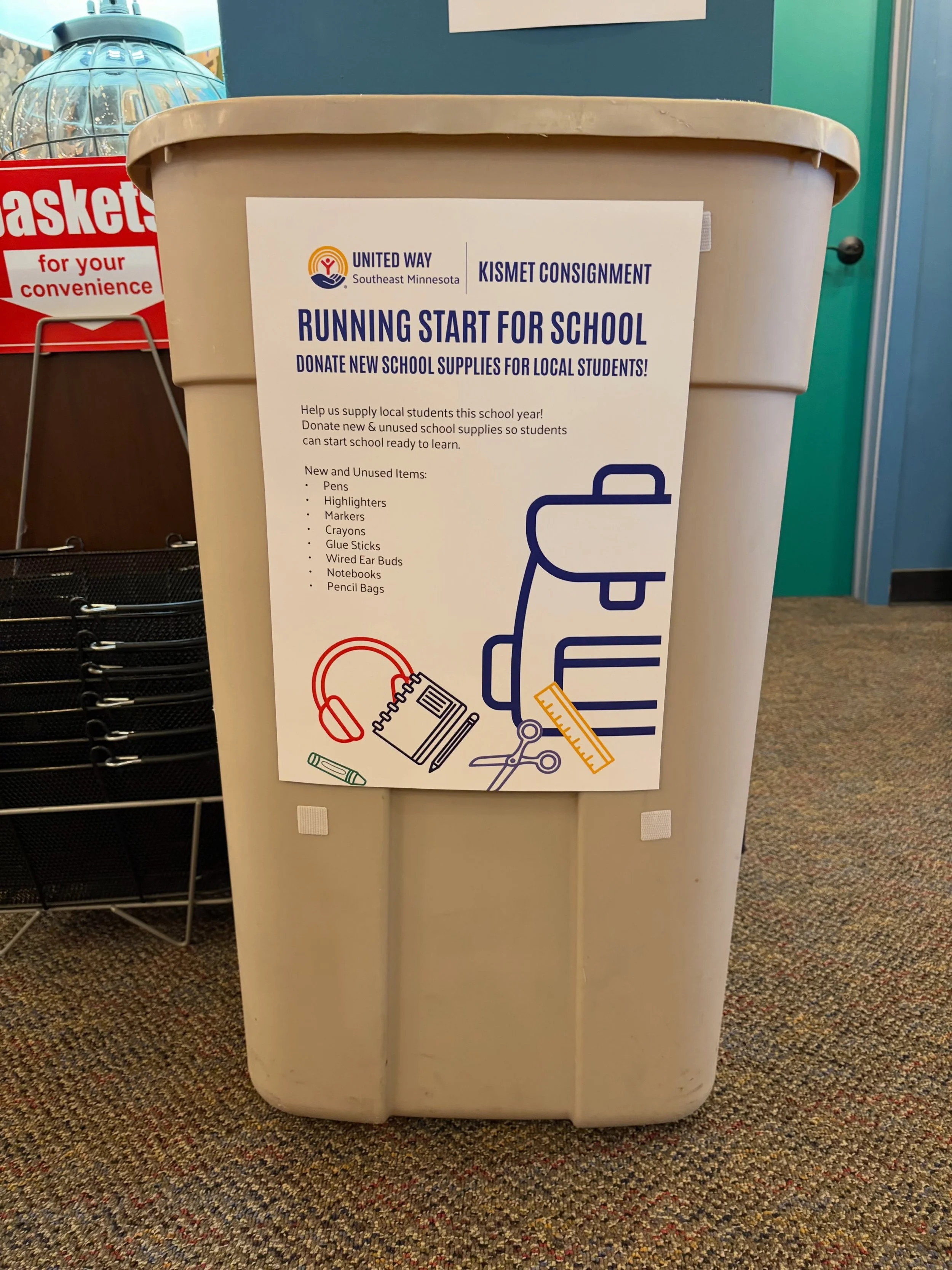 Kismet is a drop off and/or donate zone for United Way Running Start for School fundraiser. Support local stuff!