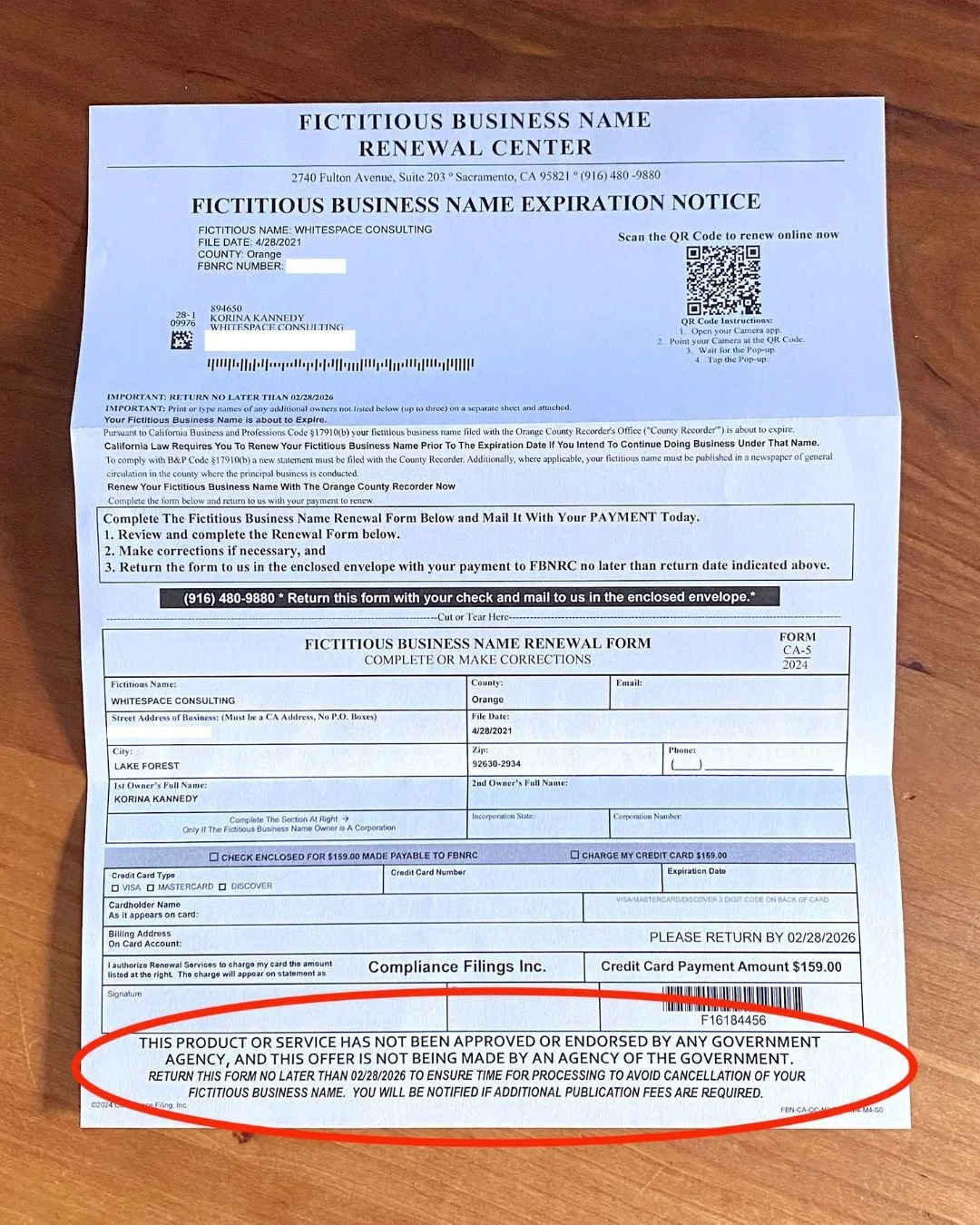 PSA for Business Owners 🚨

This is NOT from a government agency. It&rsquo;s a private company offering to file the renewal for you, and charging you $159 to do it.

You have enough expenses as it is. If your FBN really needs renewal, go to your coun