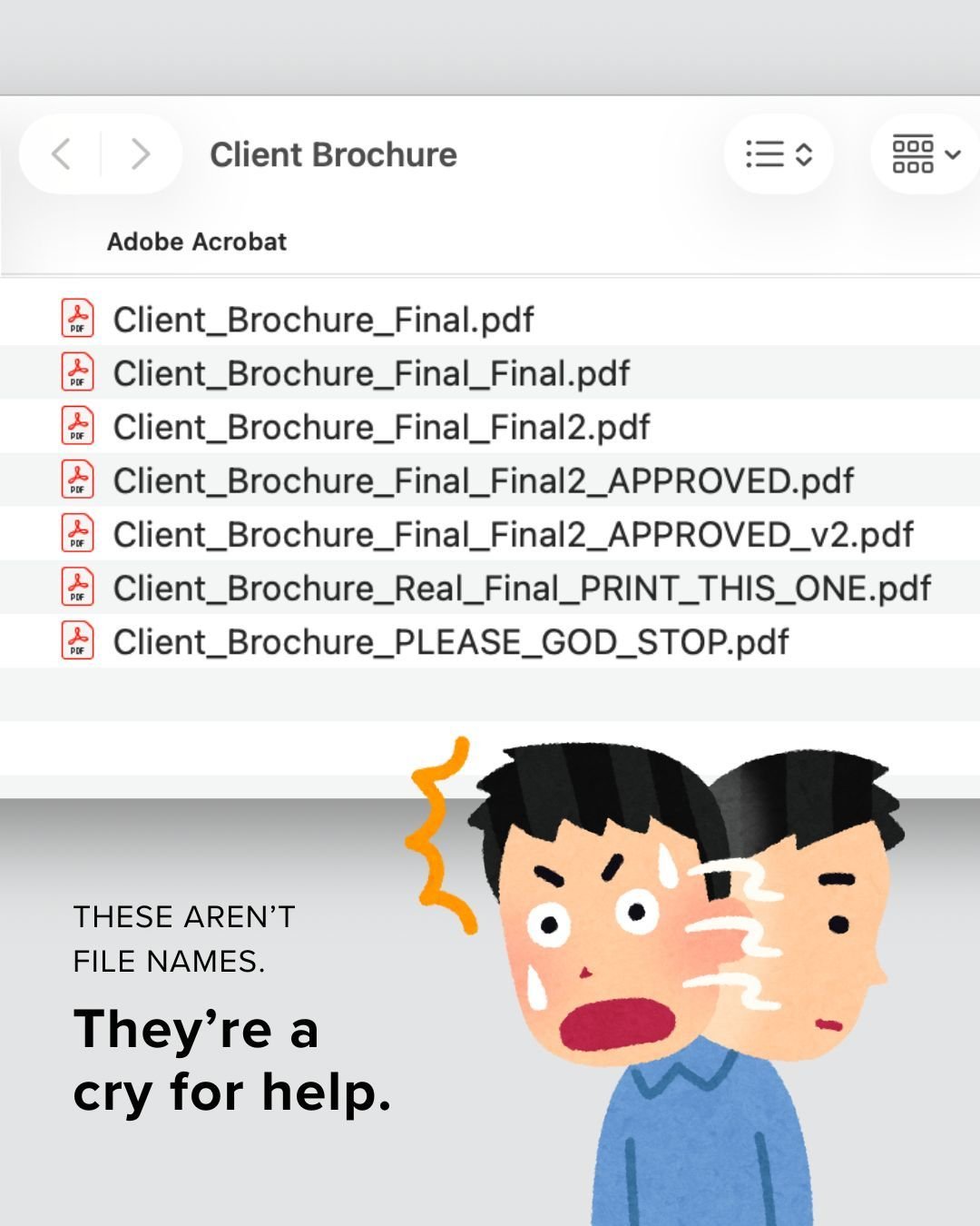 It&rsquo;s funny because it&rsquo;s true. 😂😭💀

But behind the comedy of Brochure_FINAL_v23_actual_final_v2.pdf is a story being told.

A story where 
❌ Feedback is showing up in pieces.
❌ Work gets revised before everyone has weighed in.
❌ Someone