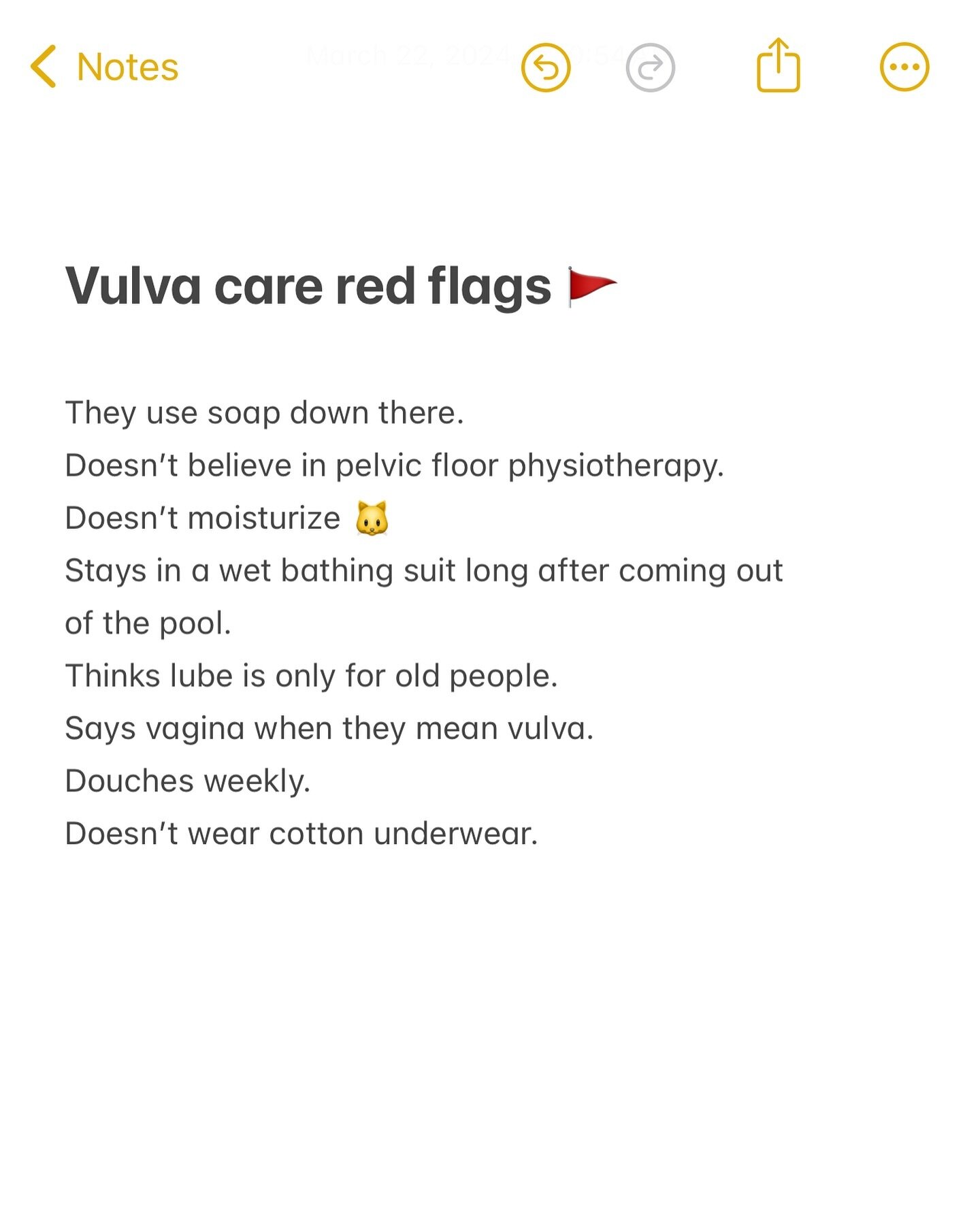 And if someone expects the vulva to smell like roses, that&rsquo;s a definite red flag waving in the breeze of unrealistic expectations. 

Got any more red flags 🚩to add?