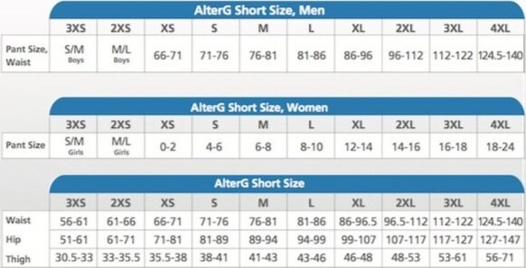 AlterG Short Sizes - Metric