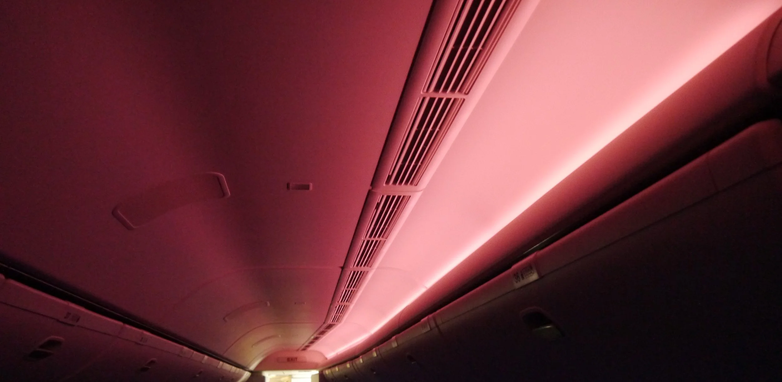  Boeing Sky Interior LED lights change the look and feel of the cabin with dimming and colour changes. 