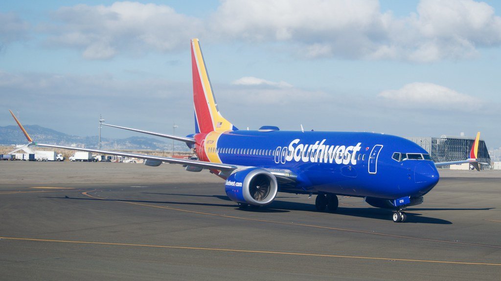  A Southwest Airlines Boeing 737 MAX -8 registration N8710M shows off the larger CFM engine. 
