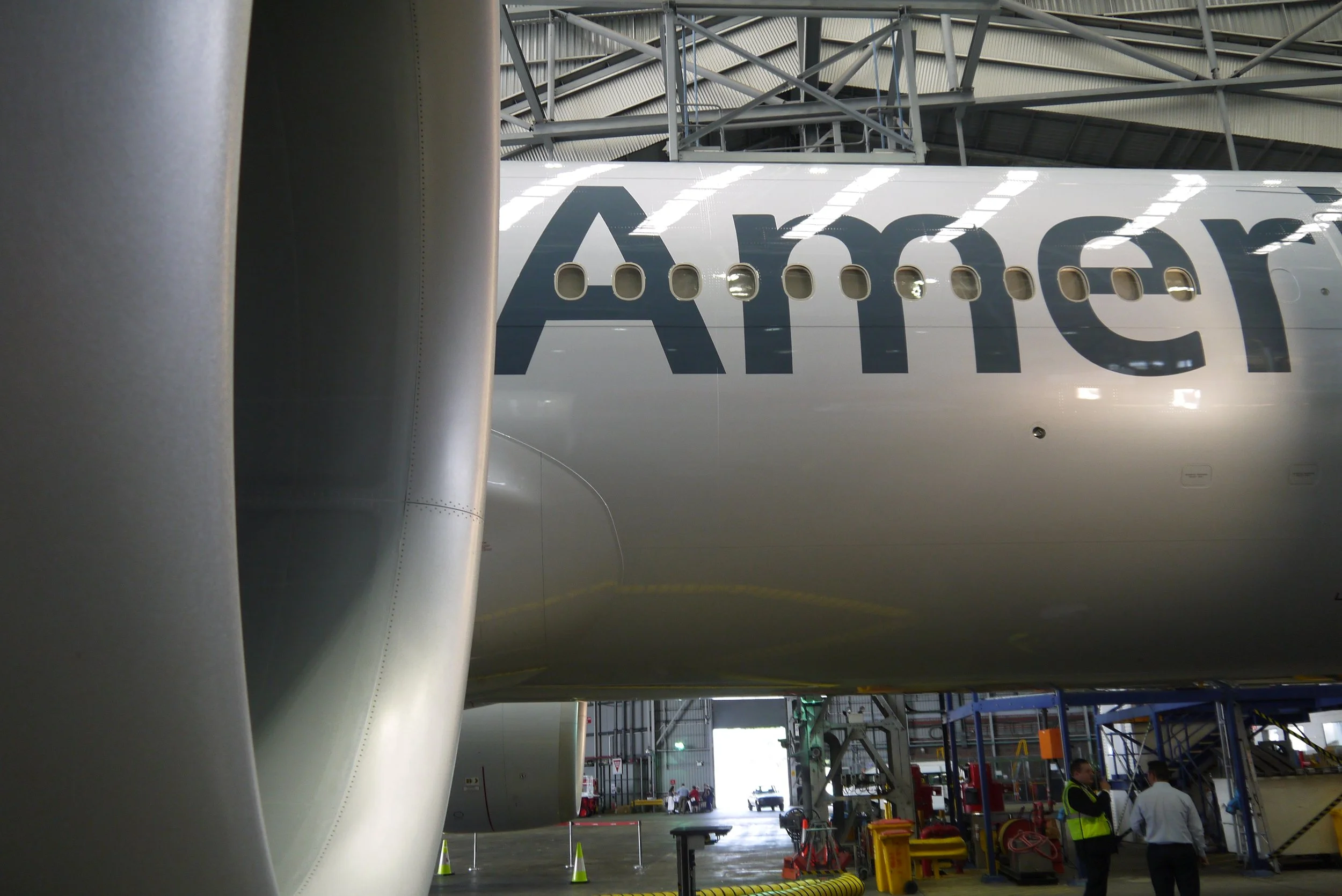  The huge engine intake on the largest turbojet engine in the world powers this American Airlines Boeing 777 300ER. 
