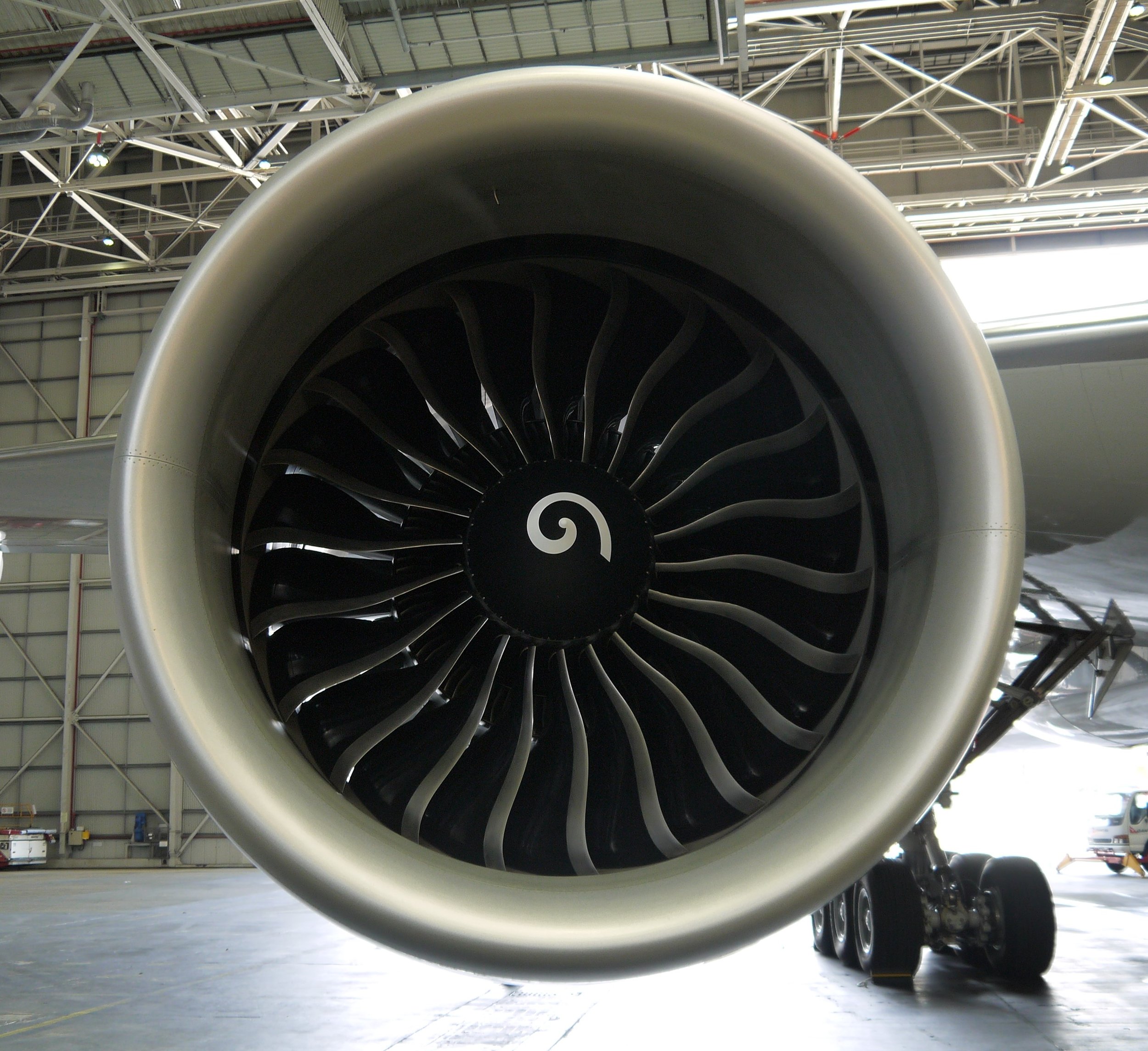  Front view of the General Electric GE GE90-115B engine which is currently the largest turbofan jet engine in the world. 
