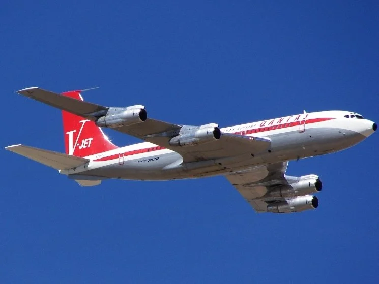  The jet airliner age brought faster speeds as well as the ability to fly above most weather. This QANTAS Boeing 707 sported the V Jet insignia where the V stands for Vanna, the Latin for fan. It was powered by the newer generation fan jets. 