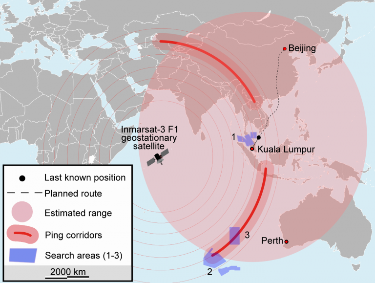  The current search areas were determined by satellite pings as well as the fuel range limits of MH370. 