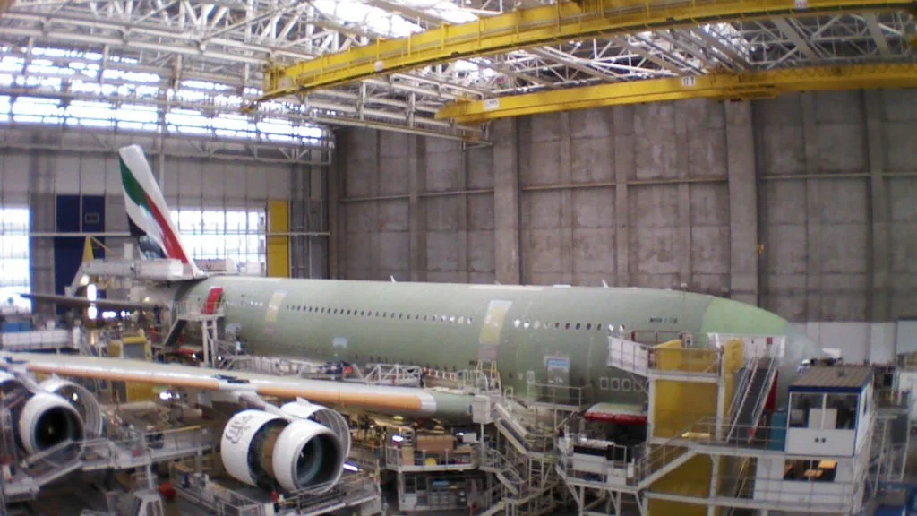  An Airbus A380 destined for Emirates takes shape in the Toulouse factory. When production ends for the Super Jumbo in 2021, there are an estimated 3,500 jobs that will be at risk. 