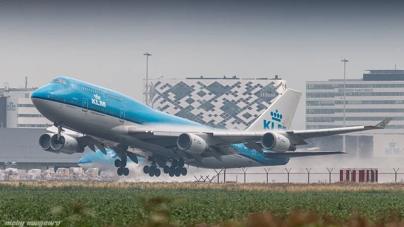  KLM Boeing 747-400 departing from Amsterdam. KLM has been retiring their 747s and don't anticipate the type to ever fly again under a KLM tail. 