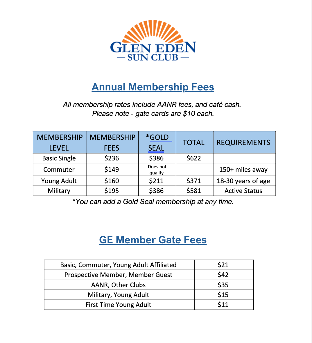 glen eden rate sheet
