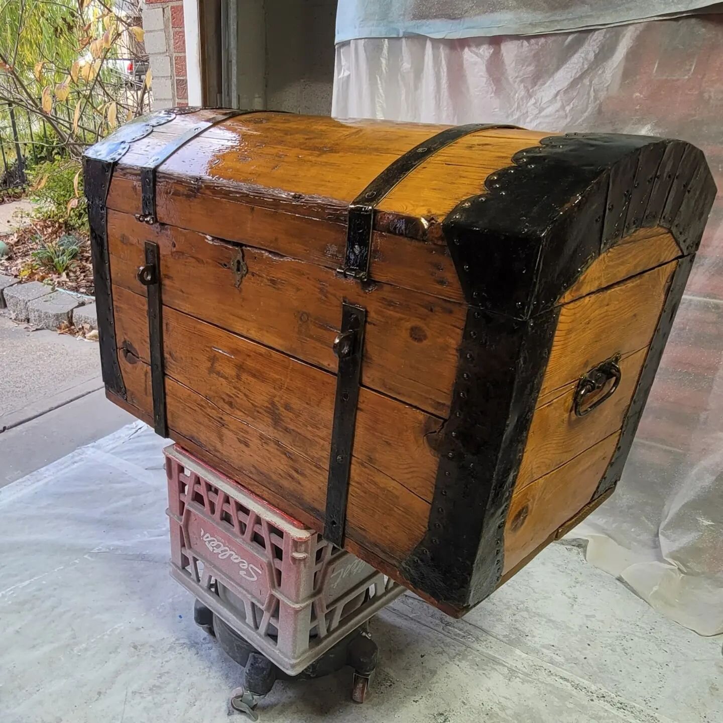 One of this week's completed projects  is this set of old time trunks that needed stained and topcoated. The color is Sesame and the sheen is gloss oil based polyurethane. This is round two for these guys as I previously repaired hinges and handles a