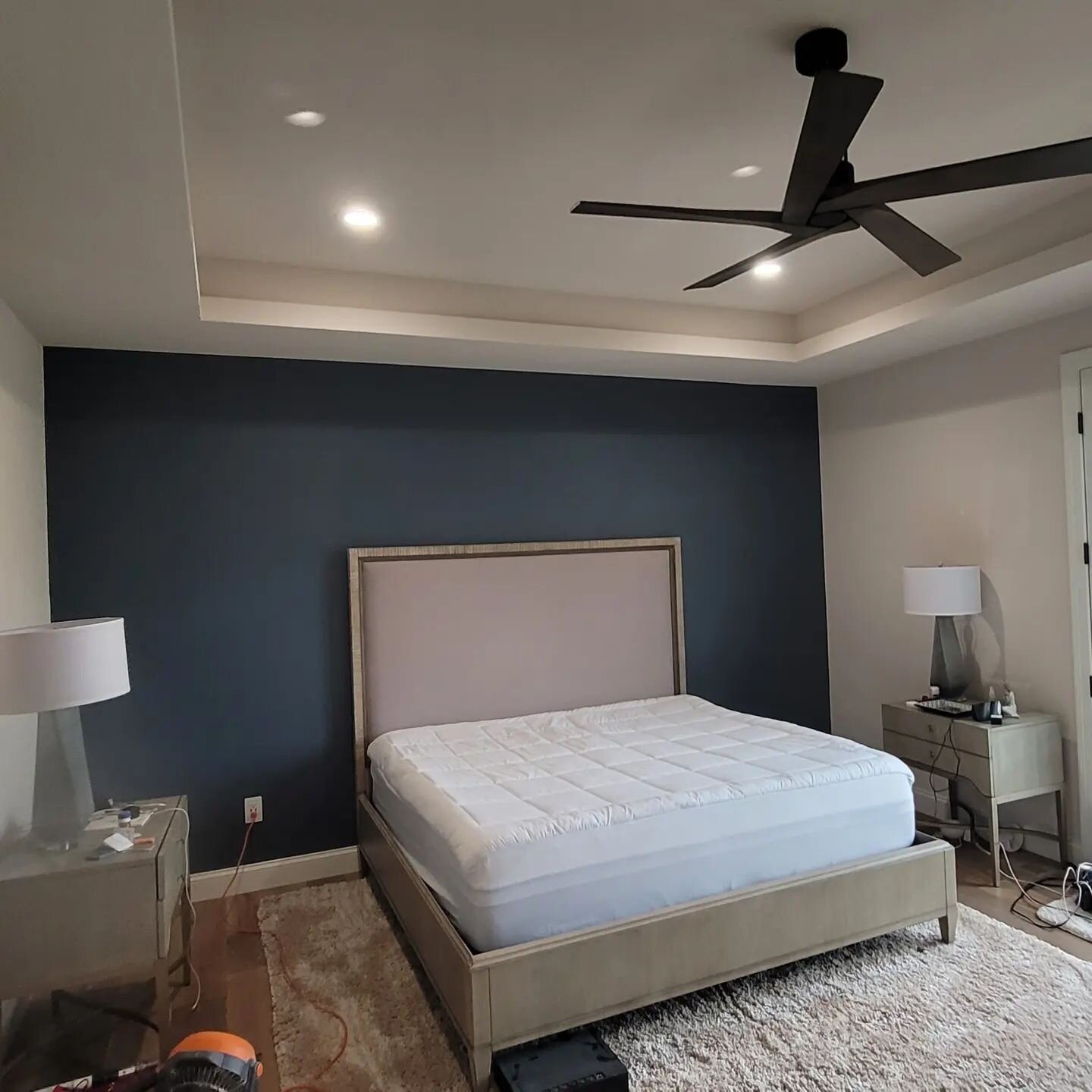 After and before of one of this week's projects was a simple accent wall in a master bedroom. The color is now &quot;Granite Peak&quot; done in satin sheen. The rest of the walls and ceiling are Shoji White flat sheen.

Thanks for checking these out.