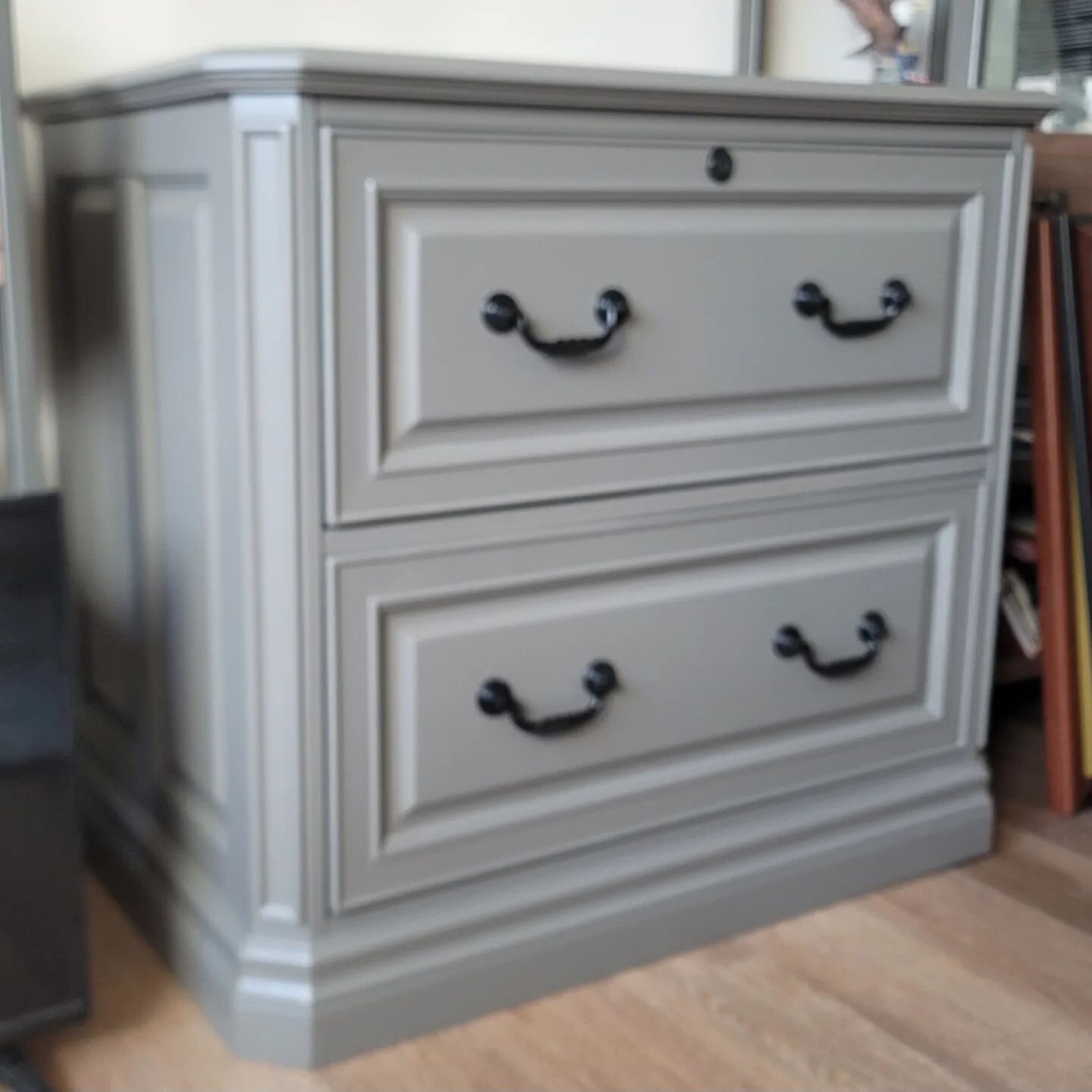 One of this week's projects was this file cabinet done in &quot;Gauntlet Grey&quot; satin sheen. Flip through the photos to see what it looked like in process. Thanks for checking these out!

*The pictures are a little fuzzy. Funny thing is, I have p