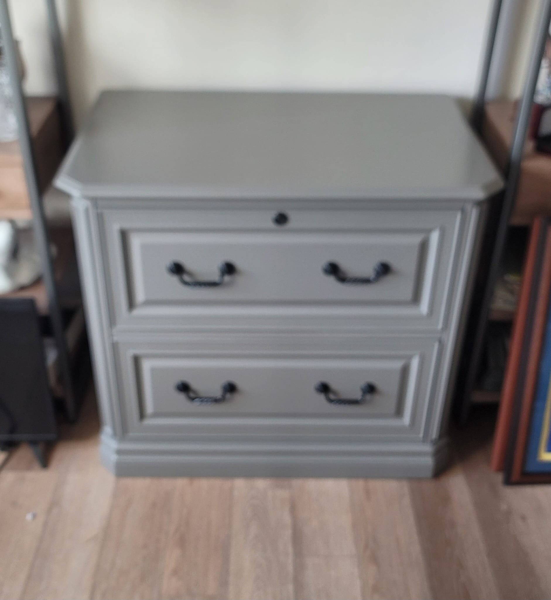 One of this week's projects was this file cabinet done in &quot;Gauntlet Grey&quot; satin sheen. Flip through the photos to see what it looked like in process. Thanks for checking these out!

*The pictures are a little fuzzy. Funny thing is, I have p