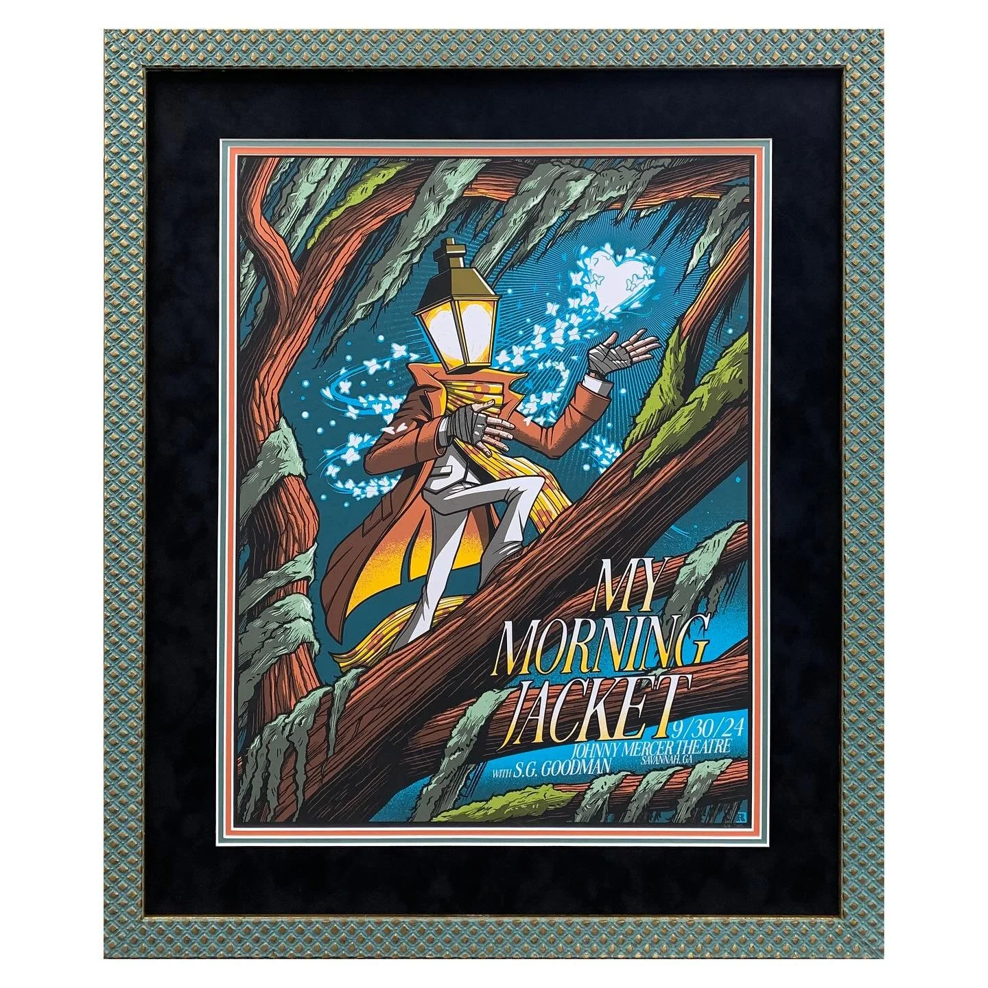 Striking My Morning Jacket concert poster framed with deep suede matting and a textured green and gold frame for an elegant, dramatic presentation.