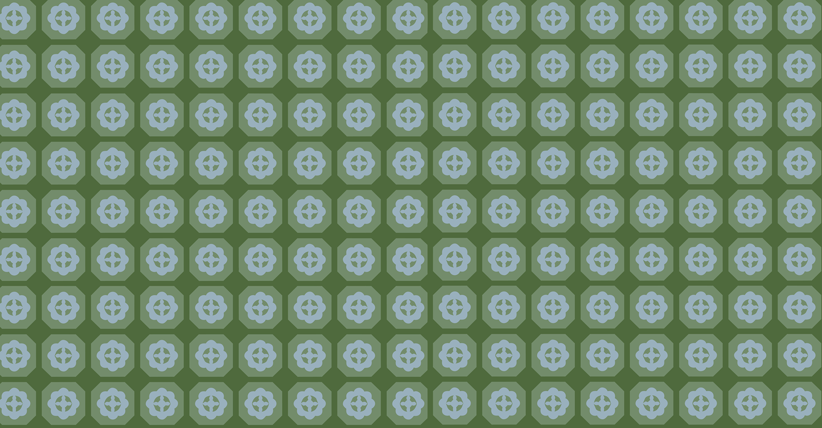 A repeating pattern of green and light blue floral motifs arranged in a geometric design.