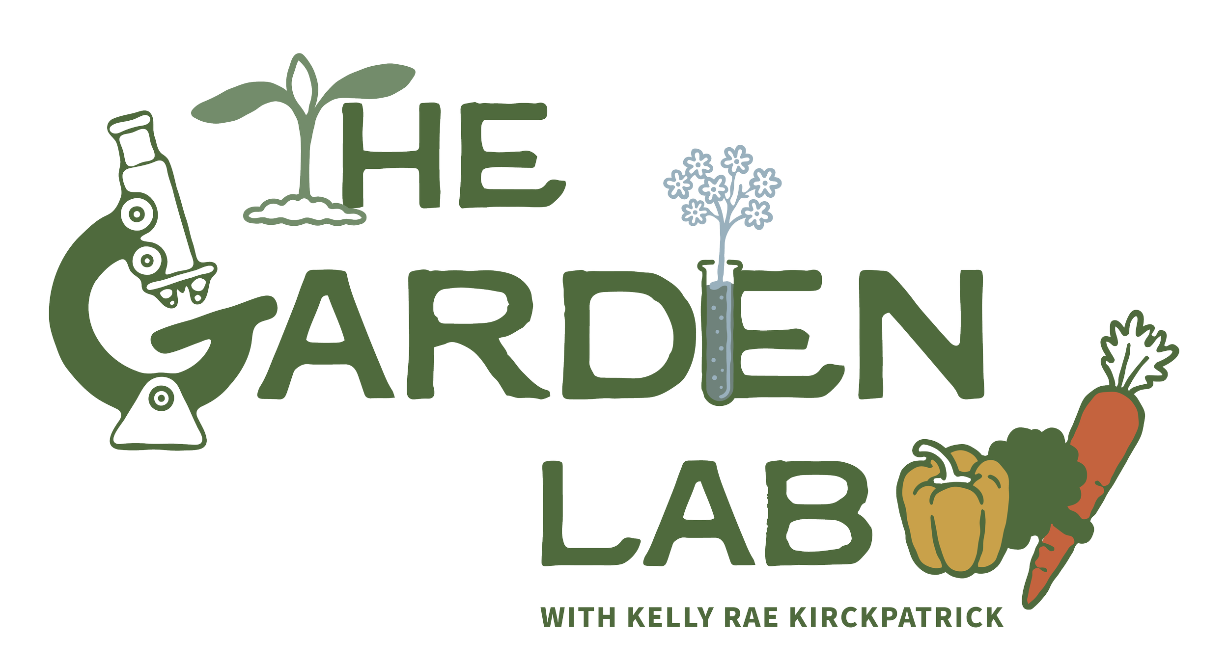 A logo for 'The Green Lab,' featuring a microscope, a growing plant, a test tube with a plant inside, and illustrations of vegetables including a carrot, yellow and green bell peppers, set against a white background.