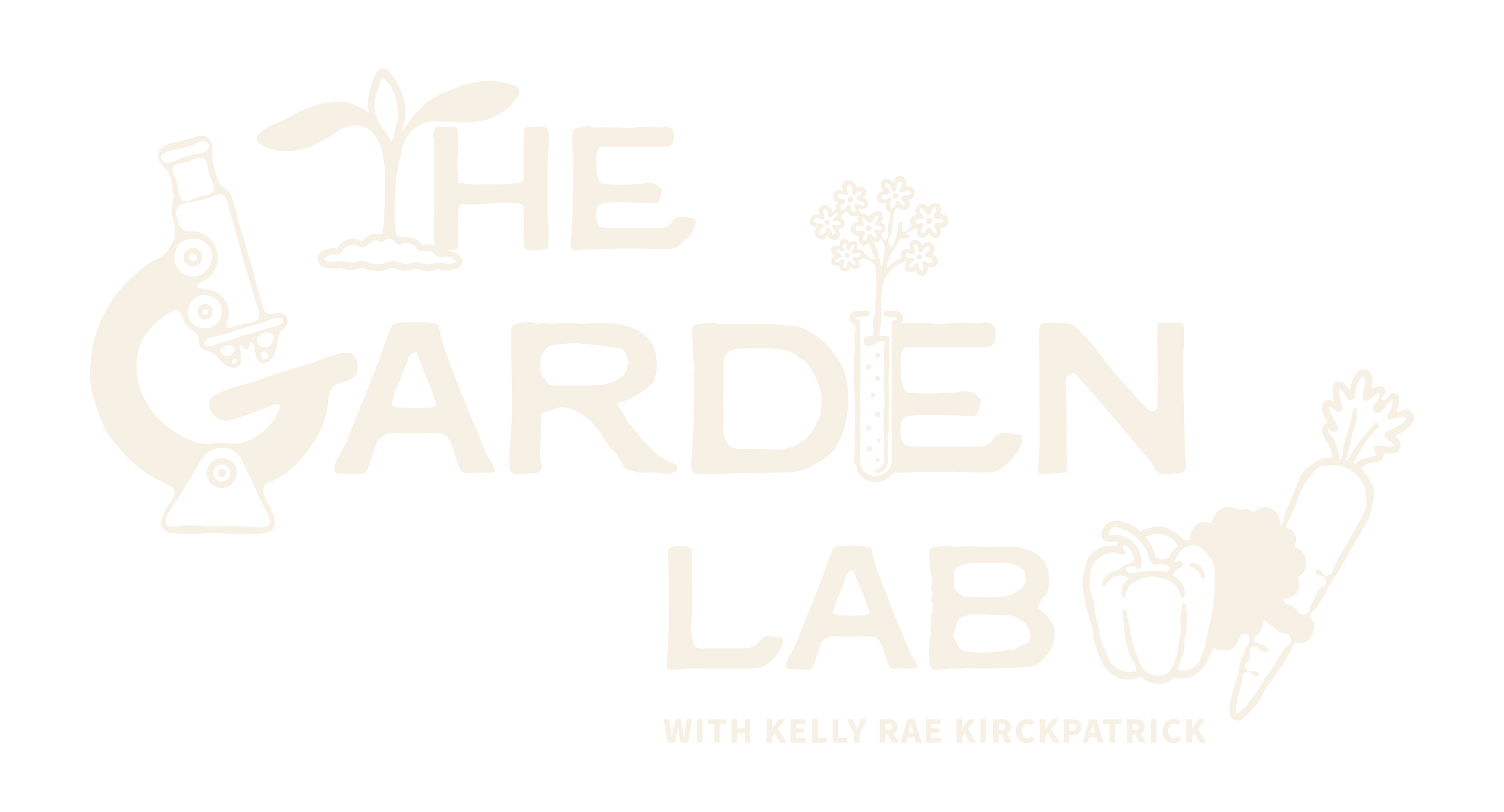 Illustrated logo for 'The Garden Lab' podcast featuring a microscope, a baby plant, a beaker with flowers, a lettuce, and a bell pepper.
