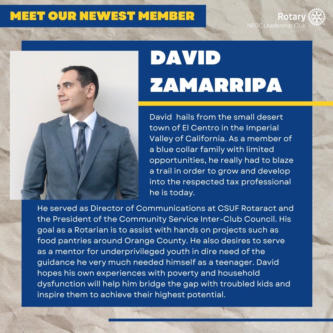 Please welcome our newest member, David Zamarripa! 

#neocrotary #leadership #RotaryDistrict5320