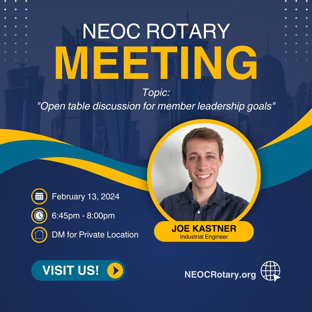 Tuesday February 13! Our very own Joe Kastner will be leading an open table discussion for member leadership goals. DM us for information on the private location!
 #leadership #neocrotary #rotarydistrict5320 #RotaryDistrict5320