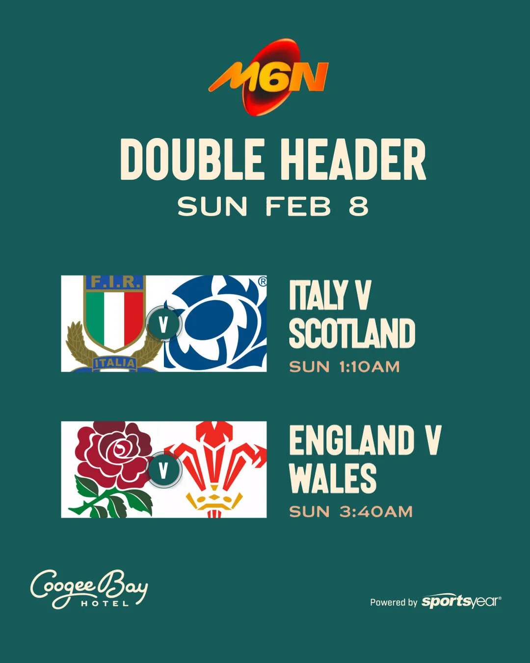 Don&rsquo;t worry - we&rsquo;ve got you covered 🏉🍻 Six Nations live in the Sports Bar this weekend.
Italy v Scotland 1:10am | England v Wales 3:40am