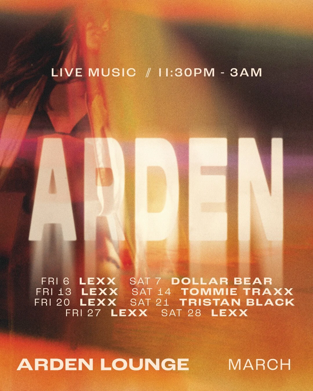 Catch the March line-up of DJs at Arden Lounge - every Friday &amp; Saturday night til late! 🪩