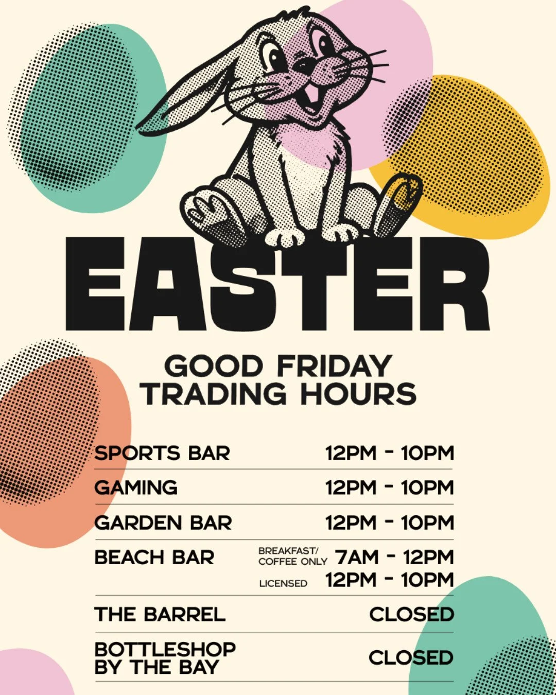 Easter plans = sorted 🐣
We&rsquo;re open all weekend (with reduced hours on Good Friday). See you at the Bay 🌴