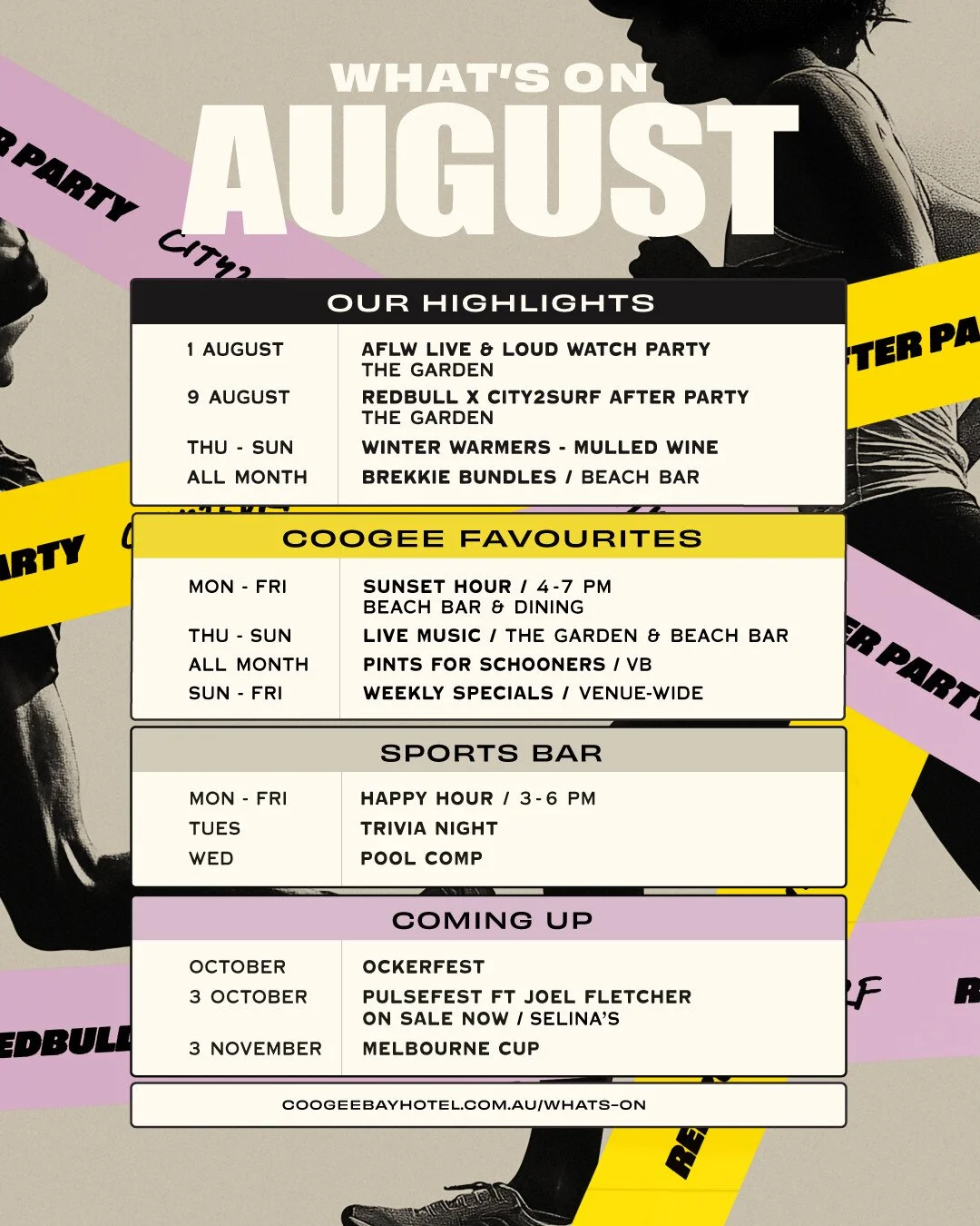 August is looking pretty good at the Bay ☀️

From AFLW watch parties and the Red Bull x City2Surf After Party to live music, brekky by the beach and winter warmers, there's plenty happening this month.

Round up your mates and we'll see you at the Ba