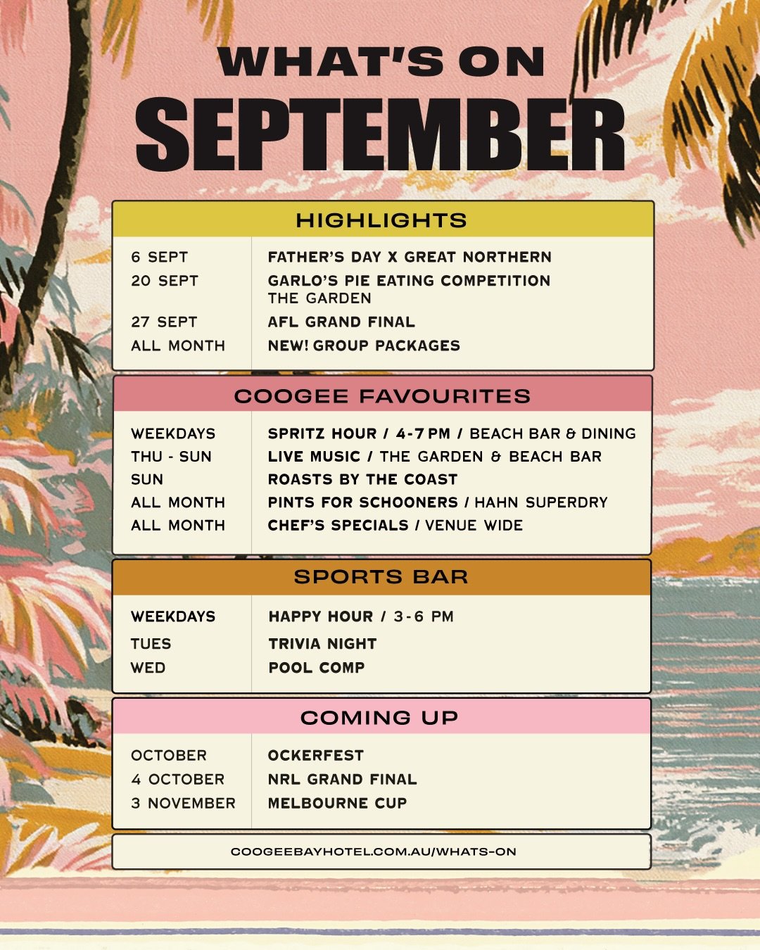 September is looking pretty good around here 🌸 Swipe through for a few of our favourites 👀

🍹NEW Spritz Hour - $14 spritzes, 4-7PM Mon&ndash;Fri at Beach Bar 

🎂 Got something to celebrate? Group packages are now available to book online

🍖 Sund