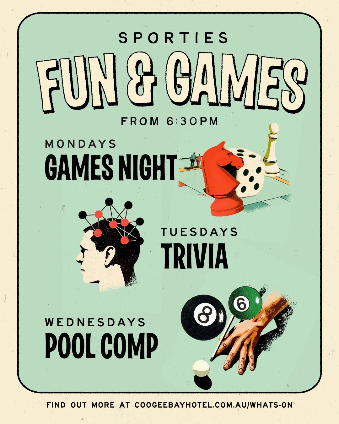 There&rsquo;s always a game on at Sporties 🎲

NEW Monday Games Night, Tuesday Trivia and Wednesday Pool Comp. From 6:30pm, every week - with prizes up for grabs.