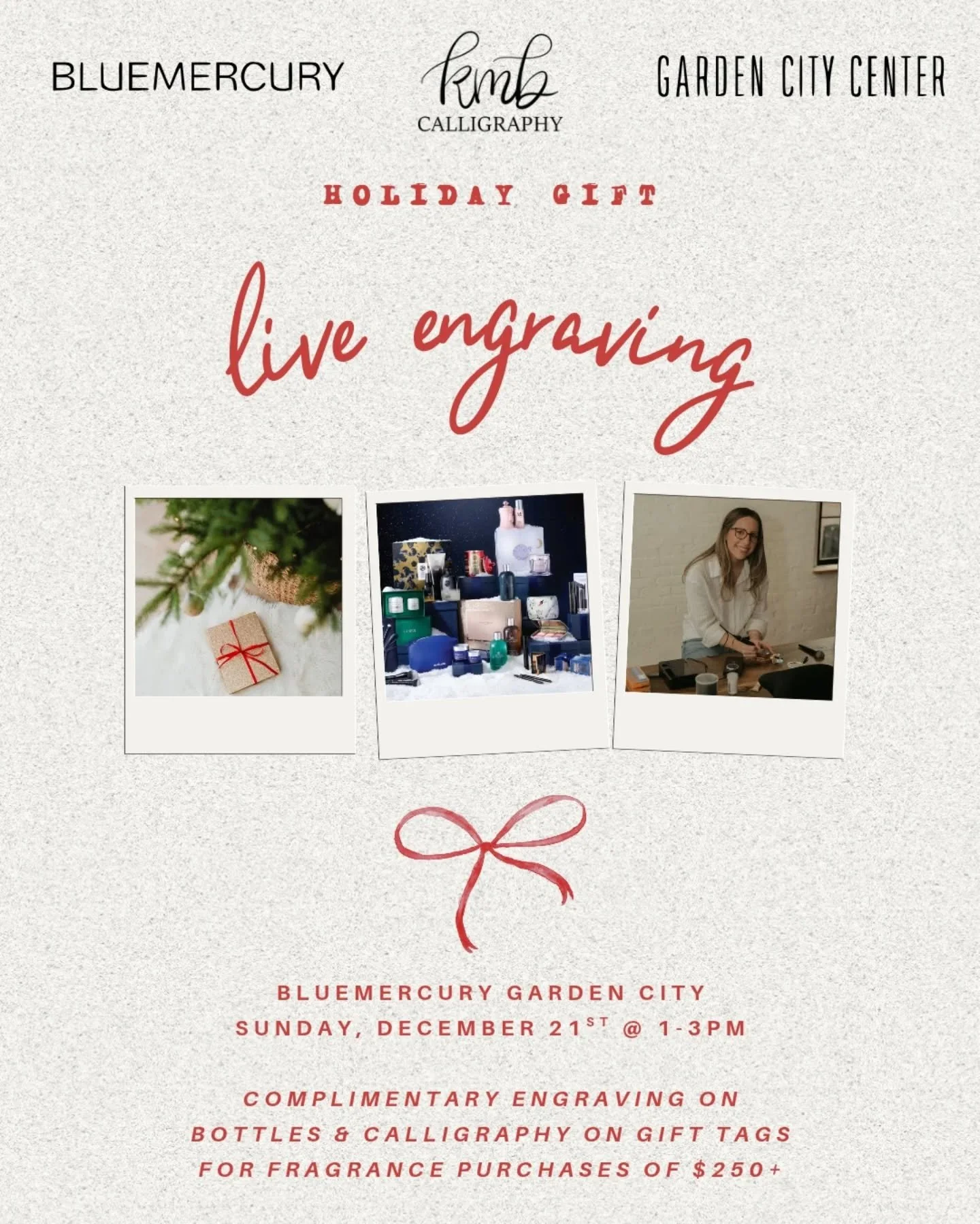 Excited to announce that this Sunday 12/21, I'll be partnering with @bluemercury for a live engraving event at @gardencitycenter ✍️✨ From 1-3pm, guests who make fragrance purchases of $250+ will receive complimentary engraving on bottles &amp; callig