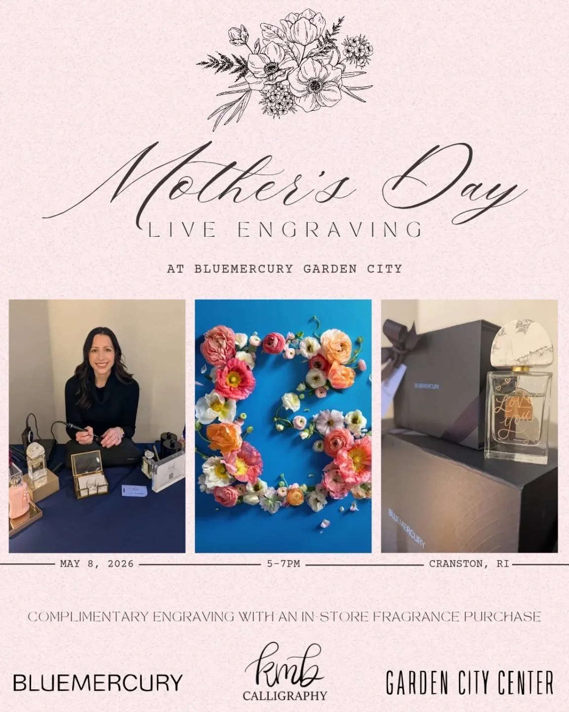 Still looking for a Mother's Day gift? I've got you covered! I'll be live engraving at @bluemercury in @gardencitycenter tomorrow from 5-7pm ✍️✨ Personalization is complimentary with an in-store fragrance purchase! Get your mom something she will lov