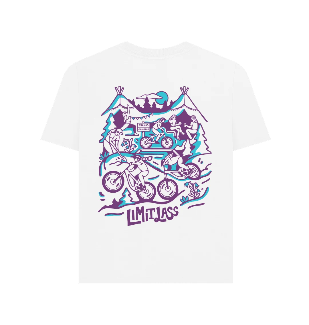 BACK: Limitlass Tee in White with Teal & Purple Print - Standard fit.