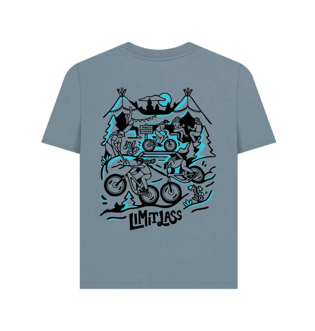 BACK. Limitlass Tee in Stone Blue with Black & Teal Print - Standard fit.