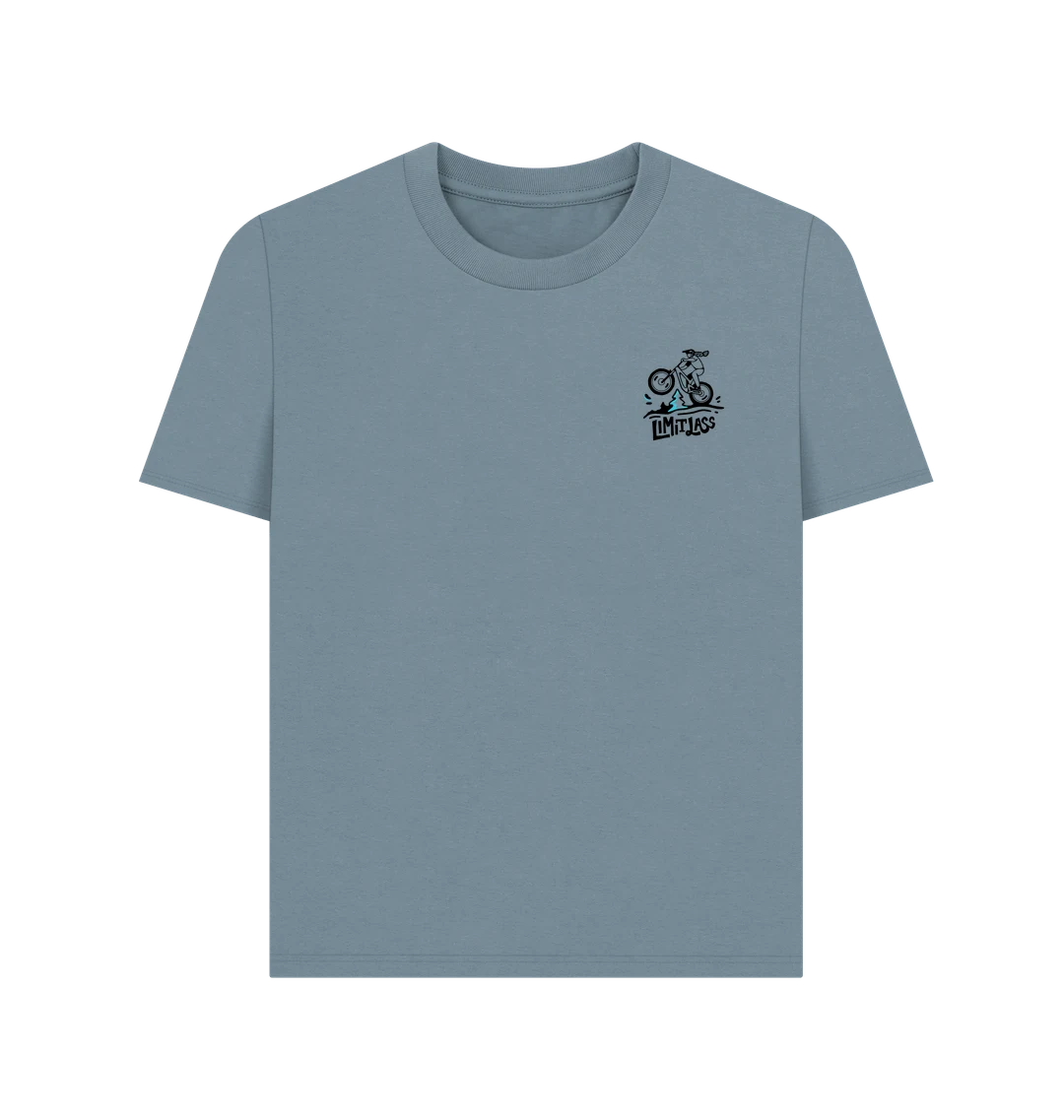 FRONT. Limitlass Tee in Stone Blue with Black & Teal Print - Standard fit.