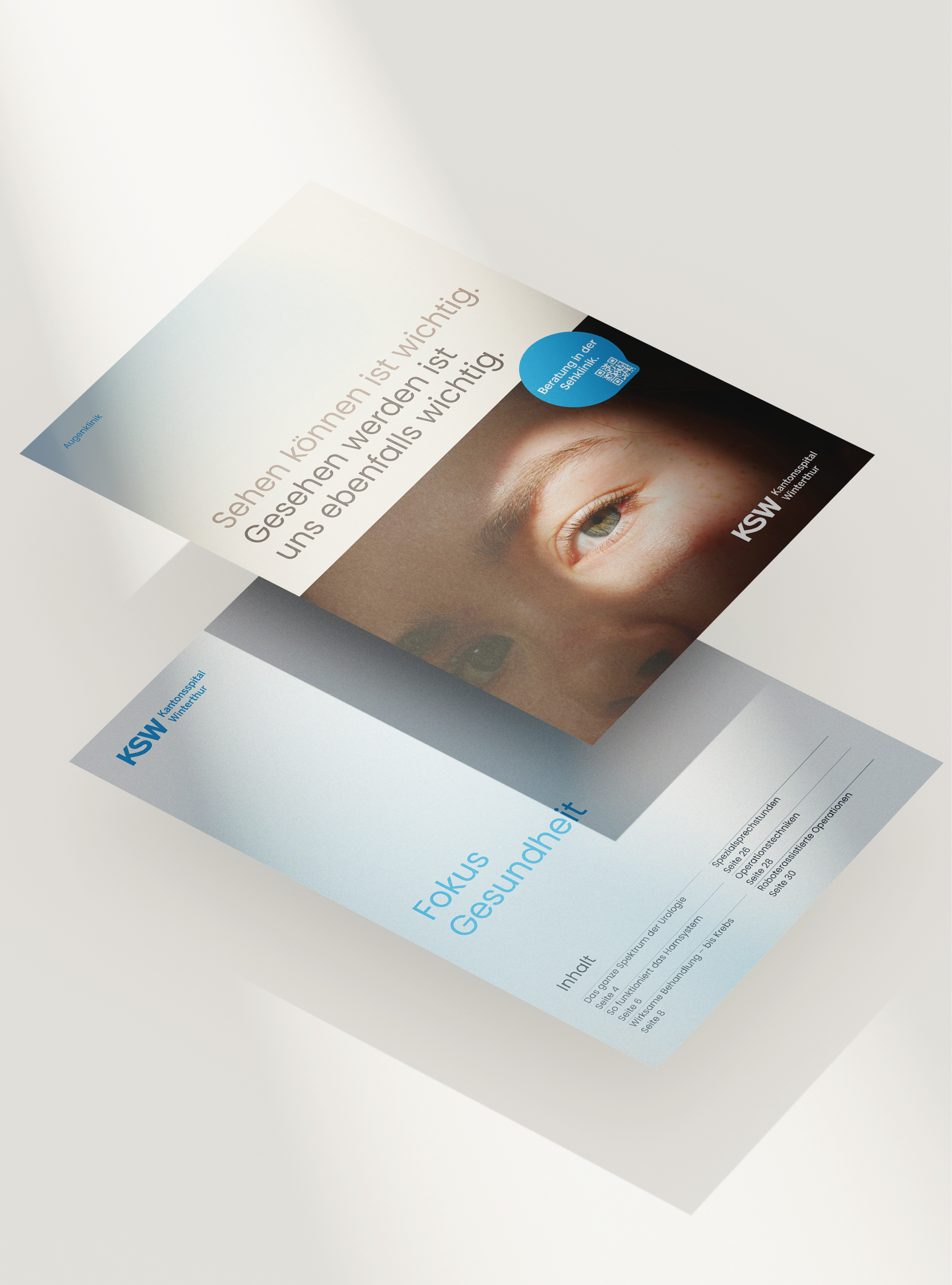 Flyer mit einem Foto eines Auges und Text in deutscher Sprache, der auf die Bedeutung der Augengesundheit hinweist, mit blauer Markierung für Beratung in der Sehklink, und der Adresse des Kantonsspital Winterthur.
