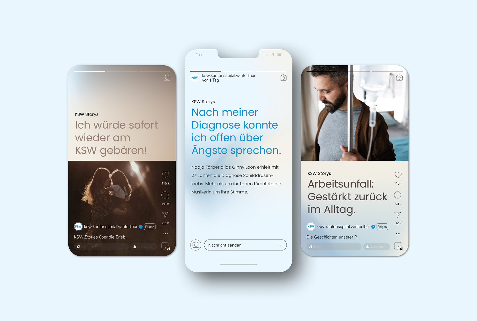 Drei Smartphone-Bildschirme zeigen Social-Media-Posts der Kantonsspital Winterthur. Der erste Post handelt von einer lieben Begegnung, der zweite von der Diagnose eines Schilddrüsenkarzinoms, der dritte über Arbeitsunfälle und deren Rückkehr in den A