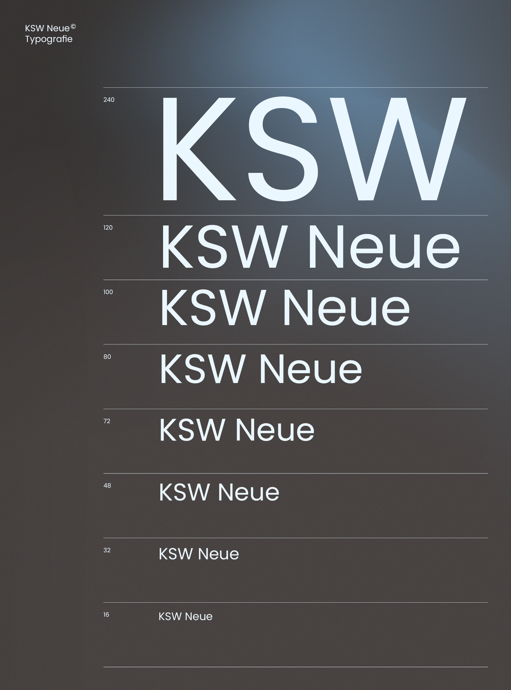 Farbdarstellung der Schriftart 'KSW Neue' in verschiedenen Schriftgrößen auf einem dunklen Hintergrund, von 16 bis 240 Punkt.