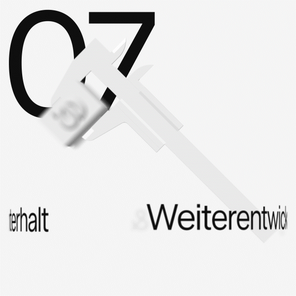 Grafik mit großen Buchstaben O und Z, ein Hammer schlägt auf das O, um den Begriff 'weiterentwickeln' zu symbolisieren, mit zusätzlichen deutschen Wörtern 'Inhalt' und 'weiterentwickeln' im Hintergrund.