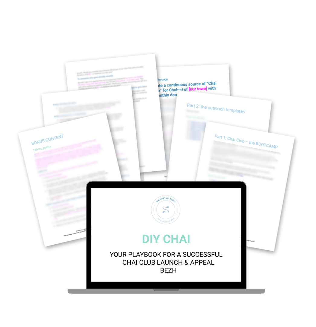 A series of printed documents and a laptop screen displaying a guide for launching and promoting a Chai club, titled "DIY CHAI," with various pages of content and templates.