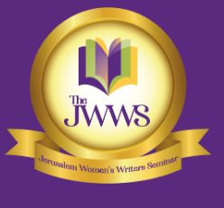 Logo for Jerusalem Women's Writers Seminar with an open book icon and gold ribbon banner