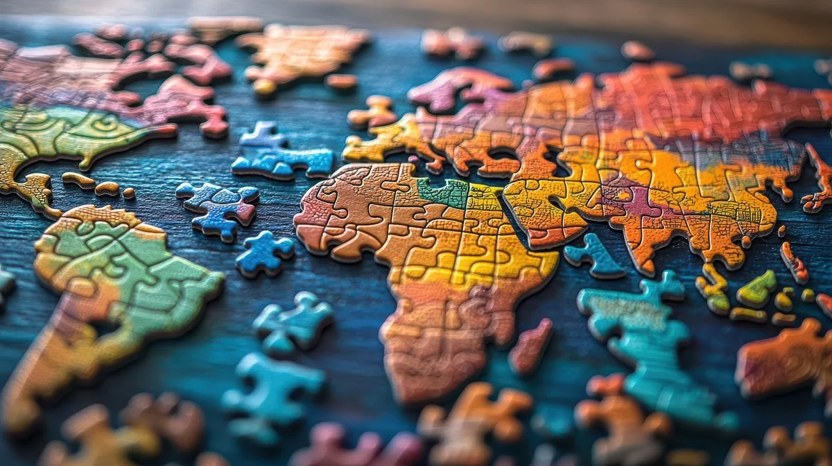 Colorful jigsaw puzzle pieces assembled to form a world map on a wooden surface.