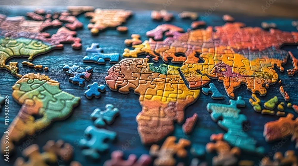 Colorful world puzzle pieces assembled on a dark wooden surface.