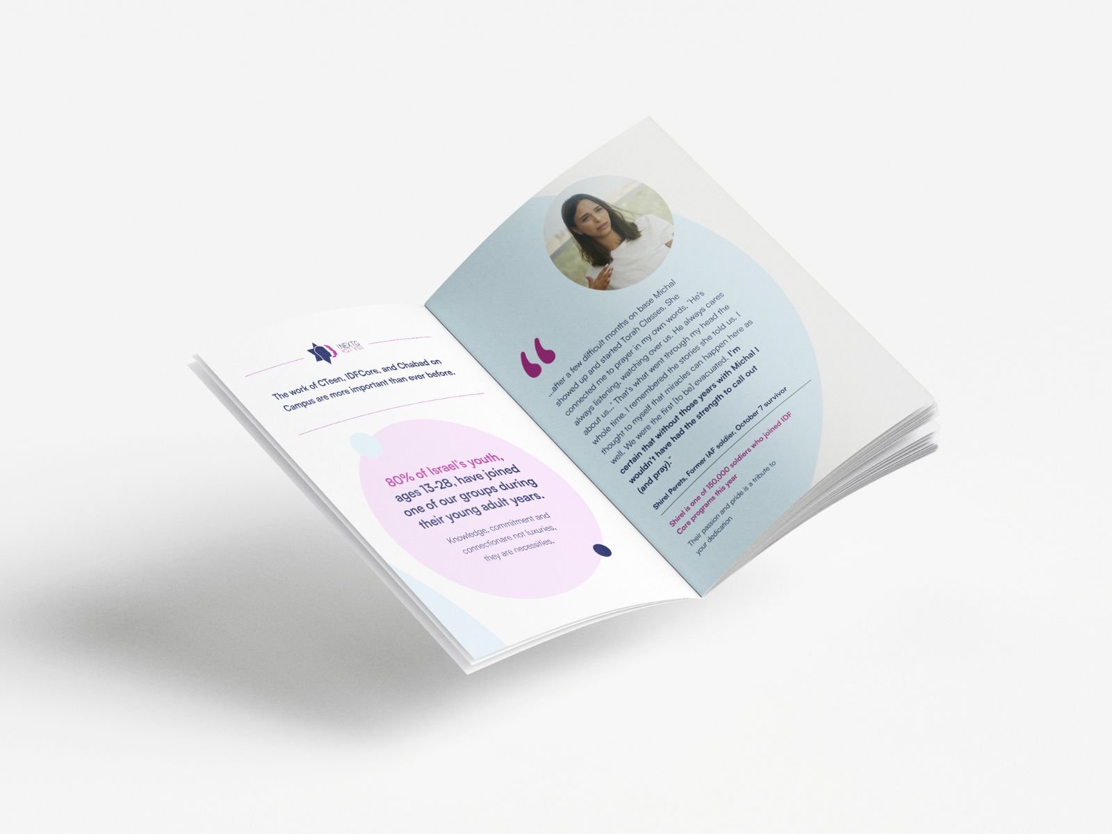 Open brochure with text and a photo of a woman, laid on a white surface.